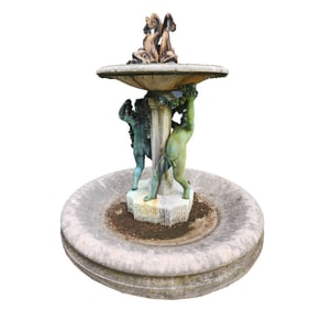 A GOOD FRENCH CAST BRONZE AND MARBLE FOUNTAIN C 1900. THE FOUNTAINHEAD BEING FOUR LEAD DOLPHINS IN A