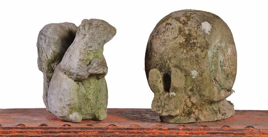 A CAST STONE SQUIRREL ALONG WITH A CAST STONE SNAIL,