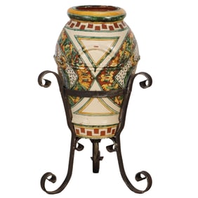SPANISH GLAZED TERRACOTTA PLANTER ON IRON BASE