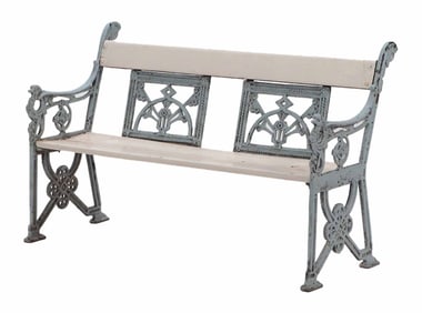CAST IRON GARDEN BENCH WITH WOOD SEAT AND GRIFFIN MOUNTS.