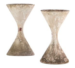 37" PAIR OF FRENCH HOURGLASS FORM CAST STONE PLANTERS BY WILLY GUHL C 1970.