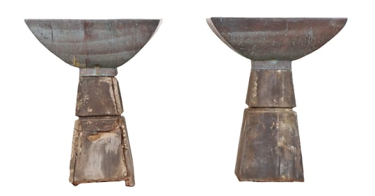 PAIR OF MODERN CAST STONE AND COPPER PLANTERS.