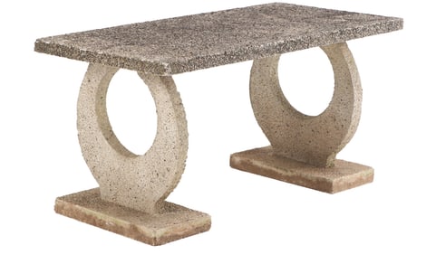 AN ART DECO INSPIRED CAST STONE AGGREGATE GARDEN TABLE.