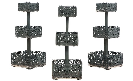 INTERESTING SET OF THREE FRENCH CAST IRON TIERED PLANTERS C 1940.