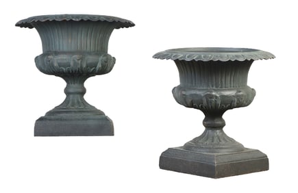 A PAIR OF 19" PAINTED CAST IRON GARDEN URNS.