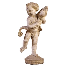 A CAST STONE GARDEN FIGURE OF A BOY HOLDING A FISH.