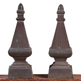 PAIR BRASS OBELISKS WITH OUTDOOR PATINA.