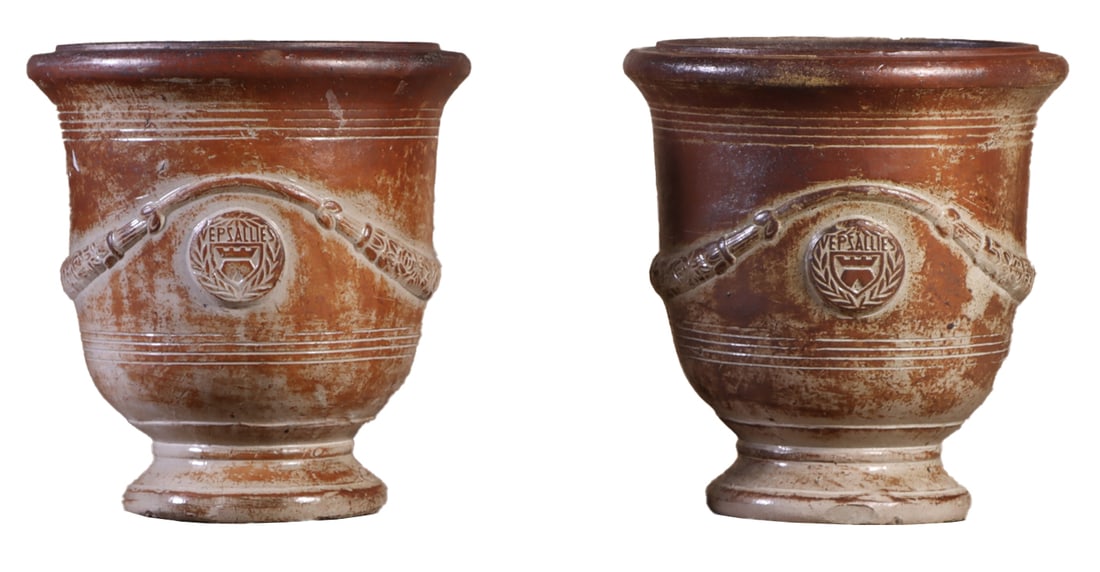 PAIR OF GLAZED TERRACOTTA POTS.: Pair of glazed terracotta pots. Ht: 25" Wd: 23.5" Dpth: 23.5"