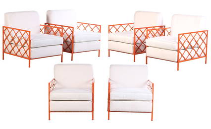 SIX PAINTED IRON AND BRONZE OVERSIZED LOUNGE CHAIRS IN THE MANNER OF JEAN ROYERE.