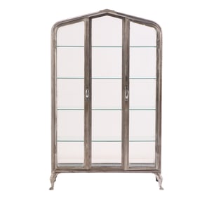 A POLISHED STEEL AND GLASS VITRINE HAVING PEAKED TOP CIRCA 1930.