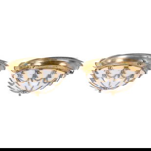 A PAIR OF NEOCLASSICAL STYLE BRASS CEILING MOUNT LIGHT FIXTURES HAVING OPALINE GLASSS.: A pair of Neoclassical style brass ceiling mount light fixtures having opaline glass. Ht: 5.5" Wd: 14.25" Dpth: 14.25"