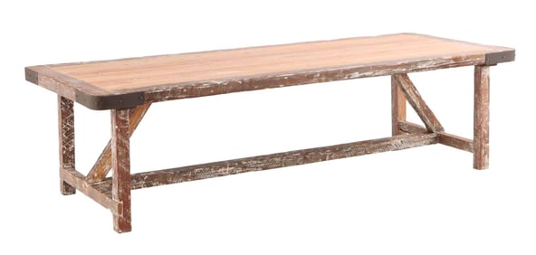 LARGE RUSTIC PITCH PINE FARM TABLE WITH IRON CORNERS.