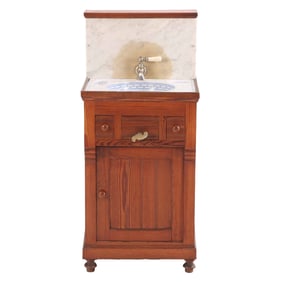 A FRENCH PINE CABINET WITH WALL MOUNTED FAUCET AND PAINT DECORATED MARBLE SINK CIRCA 1900.