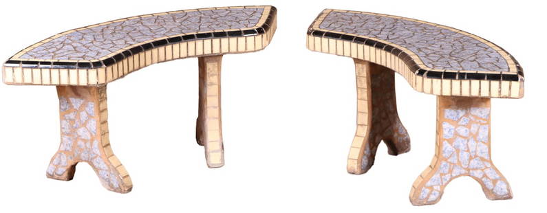A PAIR OF MULTI-COLOR MOSAIC CERAMIC BENCHES CIRCA 1960.: A pair of multi-color mosaic ceramic benches circa 1960. Ht: 19" Wd: 42" Dpth: 14.5"
