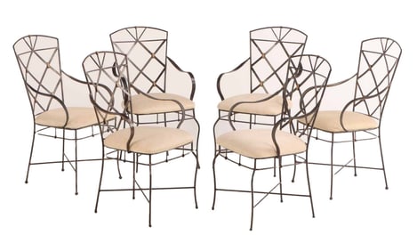 SIX FRENCH IRON AND BRONZE ARM CHAIRS