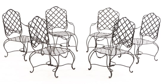 A SET OF SIX PAINTED IRON ARM CHAIRS IN THE STYLE OF GREGORIUS PINEO.