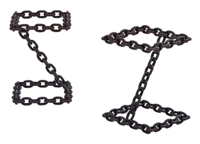 PAIR BRUTALIST  STYLE IRON CHAIN LINK AND GLASS END TABLES.