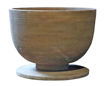 A CAST STONE FOUNTAIN OR PLANTER BY CAMPANIA. FIRST SHOT SHOWITH AS A PLANTER AND SECOND SHOT