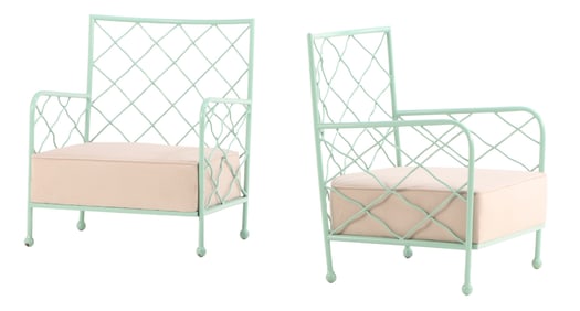 LARGE PAIR OF PAINTED IRON LOUNGE CHAIRS IN THE MANNER OF JEAN ROYERE HAVING LOOSE CUSHION