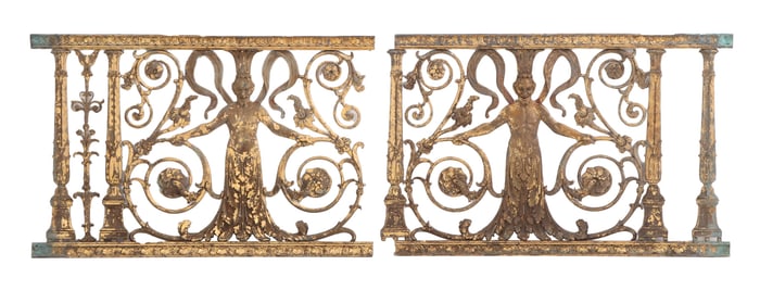 A PAIR OF EXQUISITE ART NOUVEAU GILT PAINTED WROUGHT IRON RAILING PANELS EACH HAVING URN