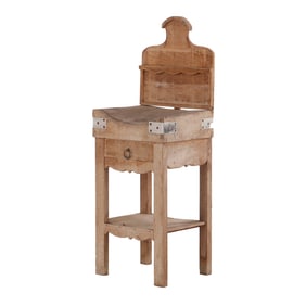 PETITE FRENCH BUTCHER BLOCK TABLE WITH BACKSPLASH AND A SINGLE DRAWER.