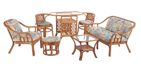 SEVEN RATTAN TABLES AND CHAIRS WITH CUSHIONS.