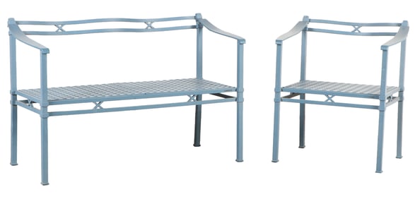 A SOPHISTICATED FRENCH ALUMINUM BENCH AND MATCHING CHAIR WITH X FORM DECORATION.