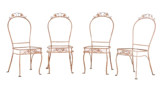 A SET OF FOUR VINTAGE FRENCH WROUGHT IRON GARDEN OR DECK CHAIRS.