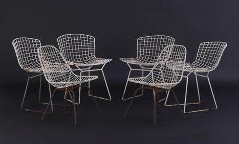 SIX BERTOIA STYLE IRON GARDEN CHAIRS.