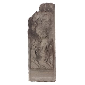 AN ANTIQUE CARVED STONE FRAGMENT WITH MYTHOLOGICAL THEME.