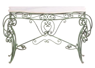 A WROUGHT IRON CONSOLE TABLE HAVING A CONFORMING SHAPED MARBLE TOP.