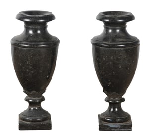 A PAIR OF TURNED VOLGA BLUE GRANITE URNS