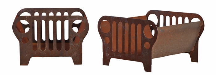 A PAIR OF IRON PLANTERS HAVE GEOMETRIC OPEN WORK DESIGN.