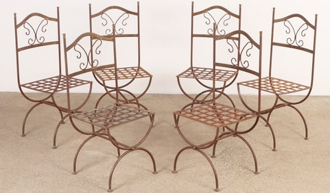 SIX FRENCH IRON AND BRASS CHAIRS HAVING WOVEN SEATS C 1970.