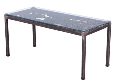 A GARDEN OR DECK COFFEE TABLE HAVING ANTIQUE FIGURAL WROUGHT IRON PANEL TOP.