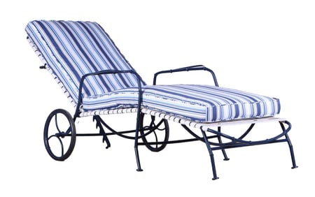 A FAUX BAMBOO IRON GARDEN OR DECK ADJUSTABLE CHAISE LOUNGE.