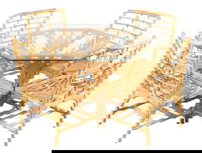 A SET OF FIVE BAMBOO AND GLASS DECK SET HAVING NATURALISTIC FOLIATE DECORATION.: A set of five bamboo and glass deck set having naturalistic foliate decoration. Chair Ht: 34.5" Wd: 20.5" Dpth: 20" SH: 16" Ht: 28.5" Wd: 51.5" Dpth: 51.5"