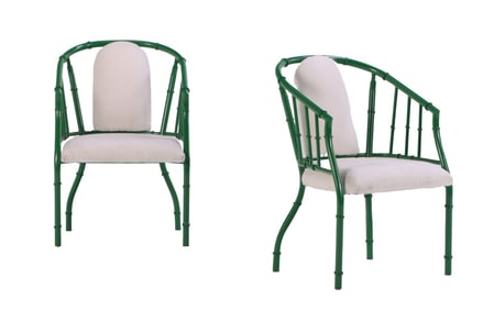 A PAIR OF PAINTED FAUX BAMBOO UPHOLSTERED BARREL BACK CHAIRS.