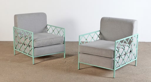 LARGE PAIR OF PAINTED IRON LOUNGE CHAIRS IN THE MANNER OF JEAN ROYERE HAVING LOOSE CUSHION