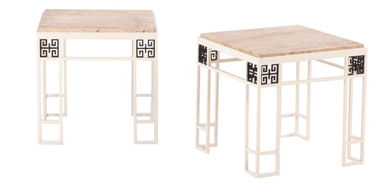 A PAIR OF PAINTED IRON GARDEN OR DECK TABLES HAVING TRAVERTINE TOPS.