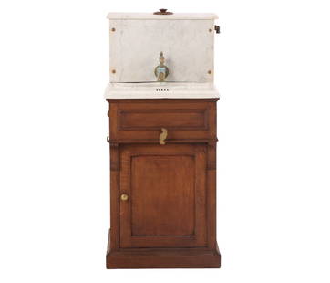FRENCH PORCELAIN SINK CABINET WITH SINGLE FAUCET C 1890.: French porcelain sink cabinet with single faucet C 1890. Ht: 45" Wd: 20" Dpth: 23"