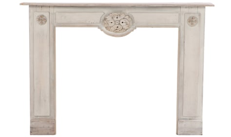 A PAINTED FRENCH FIREPLACE MANTLE HAVING CARTOUCHE DECORATION.