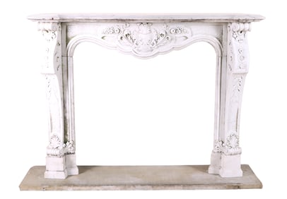 CARVED ITALIAN MARBLE MANTLE C 1870 IN THE LOUIS XV STYLE WITH OPTIONAL IRON INSERT.