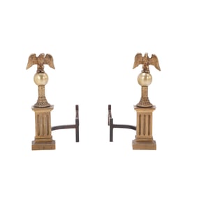 PAIR BRASS ANDIRONS WITH SPREAD EAGLE DECORATION.