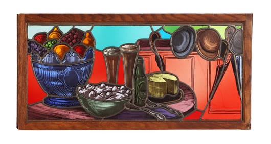 A STAINED AND LEADED GLASS PANEL IN THE MANNER OF FRENCH MASTER GLASS PAINTER JACQUES FONMARTY.