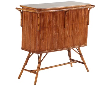 A FRENCH RATTAN BAR CABINET WITH SPLAYED LEGS AND EASY TO CLEAN LAMINATE TOP CIRCA 1950.