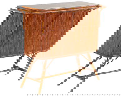 A FRENCH RATTAN BAR CABINET WITH SPLAYED LEGS AND EASY TO CLEAN LAMINATE TOP CIRCA 1950.: A French rattan bar cabinet with splayed legs and easy to clean laminate top circa 1950. Ht: 42.5" Wd: 45.75" Dpth: 20.5"