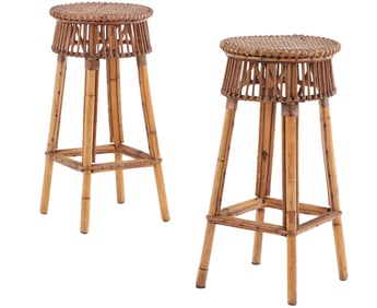 A PAIR OF FRENCH BAMBOO AND WICKER BAR STOOLS CIRCA 1950.