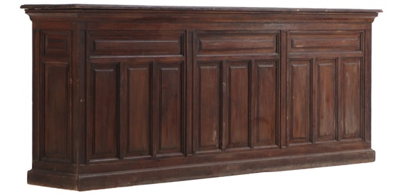 A LARGE FRENCH OAK BAR COUNTER HAVING RECESSED PANELS. PERFECT FOR A KITCHEN ISLAND OR YOUR