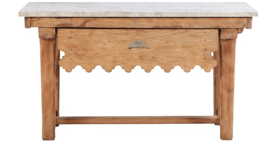 AN ANTIQUE FRENCH ONE DRAWER COUNTER WITH WHITE MARBLE TOP C 1890.